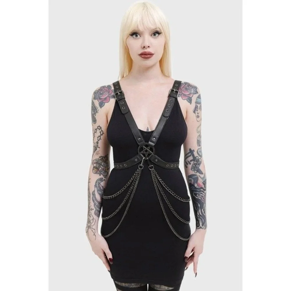 Killstar Devil Energy Pentagram Harness Black PU Leather Detachable Chain Gothic